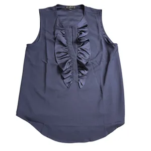 J. Crew Ruffle Front Blouse Women Small‎ Navy Blue Sleeveless V-Neck Office Wear thumbnail 4