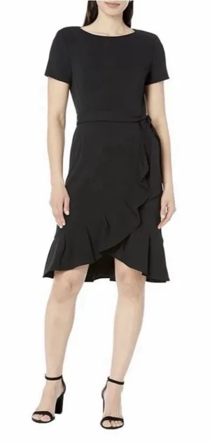 Calvin Klein Black Wrap Ruffle Tie-Waist Crepe Dress Size 4 thumbnail 1