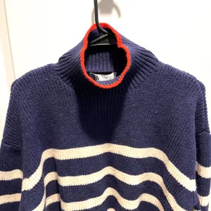 Zara Striped Mock Neck Sweater Womens Small Navy Blue Red Trim‎ Nautical Ribbed thumbnail 3
