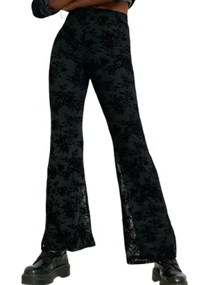 Source Unknown Black Mesh Floral Velvet Fully Lined High Waist Flare Stretch Pants Womens Small thumbnail 1