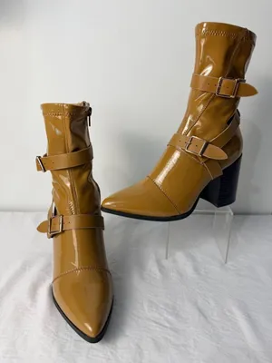 Bamboo Patent Leather Ankle Boots Women’s 7.5 Block Heel Buckle Strap Tan Brown thumbnail 2