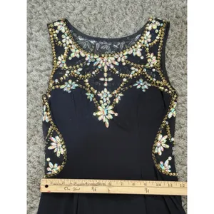Betsy & Adam Maxi Dress Black Mesh Beaded Rhinestone Gown Sleeveless Crew Neck 2 thumbnail 10