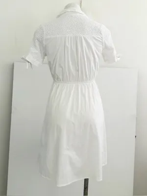 NEW Monteau White Eyelet Midi Dress buttons SMALL tie sleeve cottage womens thumbnail 6