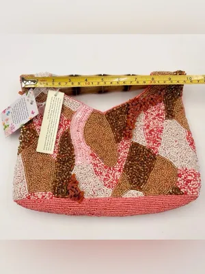 Handcrafted India Beaded Sequin Bamboo Handle Handbag Pink Coral Gold NEW thumbnail 6