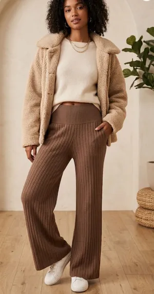 FREE PEOPLE | Ribbed Wide-Leg Knit Pants in Brown | S thumbnail 1