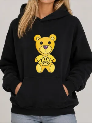 Yellow Teddy Bear Mascot Graphic Black Pullover Hoodie Sweatshirt | Size M thumbnail 1