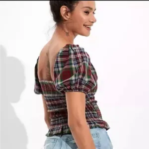 American Eagle Womens Plaid Square Neck Smocked Crop Top Small Holiday‎ Heritage thumbnail 3
