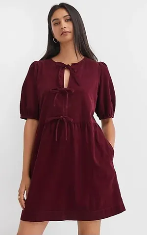 LOFT Corduroy Bow Tie-Front Mini Dress in Burgundy thumbnail 1