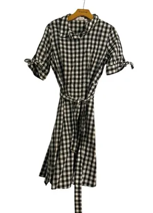 CALVIN KLEIN Black White Gingham Plaid Short Sleeve Shirt Dress Midi Belted thumbnail 3