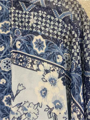 One World Womens L Large 50” Kimono Cardigan Cover Up Blue Boho Print Beach thumbnail 3