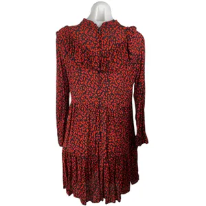 ZARA Red Black Leopard Print Ruffle Mock Neck Long Sleeves Mini A-Line Dress S thumbnail 2