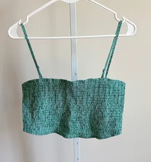American Eagle NWOT Women's Green Striped Shirred Bandeau Crop Top Size M thumbnail 1