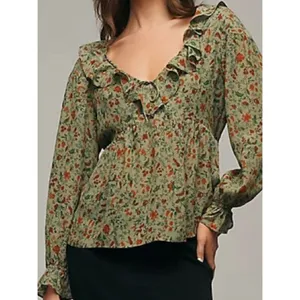 Reformation Wyn Floral Ruffled Top in green 4 thumbnail 3