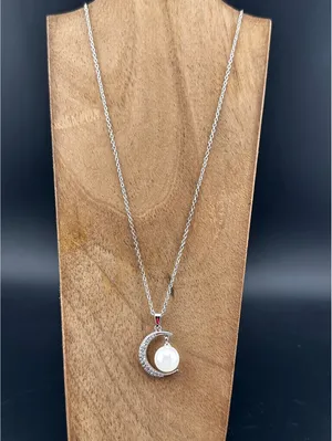 Silver Crescent Moon Pendant Necklace with Pearl Accent thumbnail 3