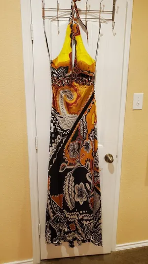 MARY L COUTURE Beads Halter print Dress Sz 10 Yellow Multi 100% SILK thumbnail 3