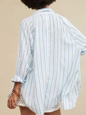 Aerie Pool-To-Party Linen Blend Cover Up Shirt Button Up Blue Stripe Medium thumbnail 2