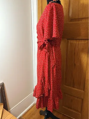 Red Polka Dot Wrap Dress Flutter Sleeve V Neck Tie Waist Women’s Dress thumbnail 3