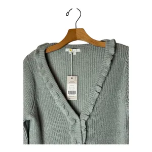 Boden Sweater Women 6 Green Sage Ruffled V Neck Button‎ Cardigan Boho Preppy NWT thumbnail 4
