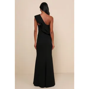 NWT Lulus Grand Beauty Black Ruffled One-Shoulder Mermaid Maxi Dress Goth Size S thumbnail 3
