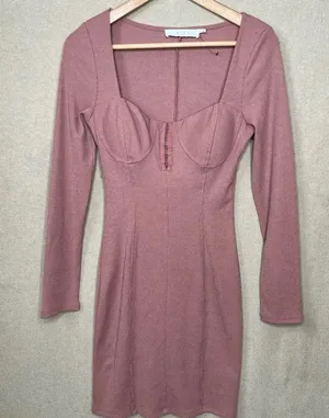 ASTR The Label Blush Ribbed Long Sleeve Bodycon Dress Knee Length Size M thumbnail 1