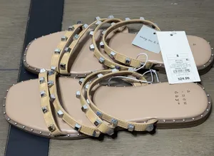 A New Day Hollis Tan Studded Strappy Flat Sandals Silver Studs Women 8 NWT thumbnail 1