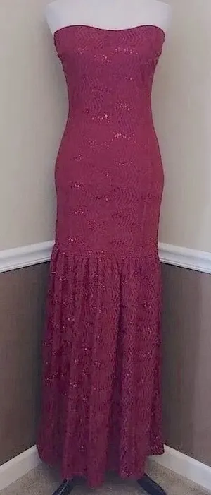 Strapless Burgundy Lace Maxi Dress with Sequins Mermaid Formal Party Holiday thumbnail 1