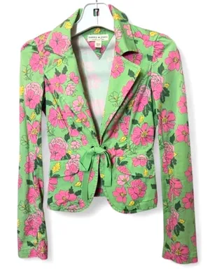 Tommy Hilfiger Y2K Green & Pink Floral Blazer W/Tie Waist Sz XS thumbnail 2