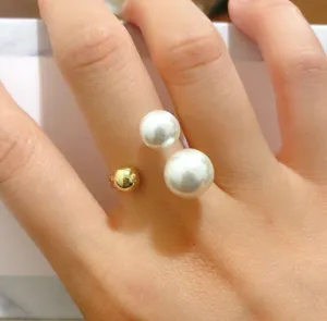 Gold Asymmetry Layered Pearl Bangle and Ring Set thumbnail 3