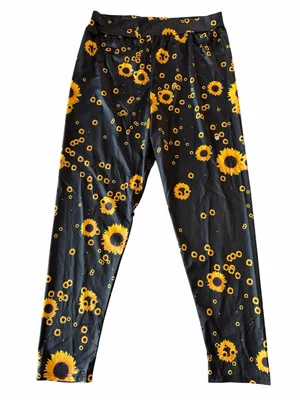 Women's Black and Floral Yellow Gold Pull On Loungewear Style Pants Size XXL thumbnail 1