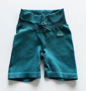 Bo+Tee Womens Ribbed High Waisted Biker Shorts Teal Blue‎ Drawstring XS thumbnail 1