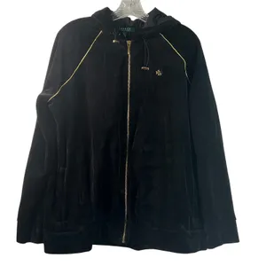 Lauren Ralph Lauren Black Velour Gold Piping Zip Up Hoodie Jacket 1X thumbnail 1