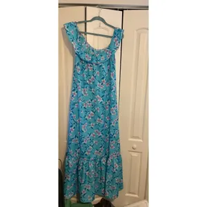 Vintage Hilo Hattie Hawaii Floral Maxi Dress Off Shoulder Ruffle Blue Purple M‎ thumbnail 4