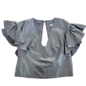 Maeve‎ Anthropologie Black Faux Leather Ruffle Sleeve V-Neck Crop Top XXS thumbnail 4