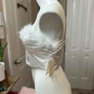 Meraki White Satin Feather Trim Crop Top Size S Bustier Corset Style Adjustable thumbnail 4