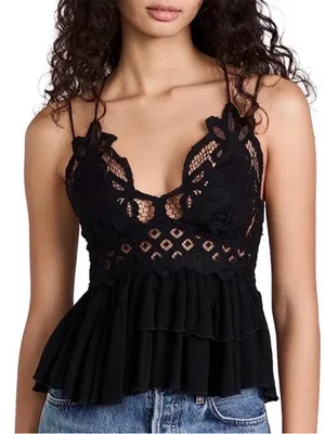 Free People Adela Black Lace Ruffle Camisole with Crisscross Straps thumbnail 1
