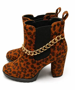 Women’s Leopard Print Gold Chain Ankle Boots Brown Size 9 thumbnail 1