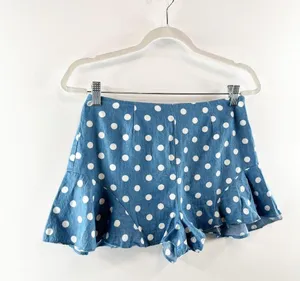 AQUA Polka Dot Ruffle Hem Flutter Denim Shorts Blue White Medium thumbnail 6