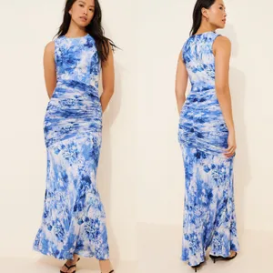 Dress The Population Violetta Maxi Dress XL Blue Floral‎ Pleated Ruched Wedding thumbnail 8