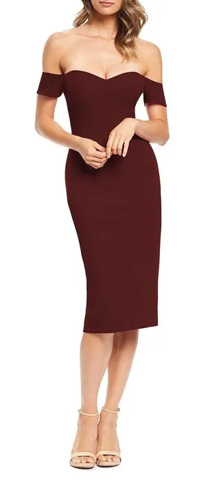 Dress the Population NWT Bailey Off-the-Shoulder Midi‎ Dress Burgundy Size Large thumbnail 1