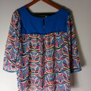 Umgee L Geo Patterned Peasant Top in Bright Blue Orange Yellow thumbnail 3
