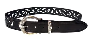 Brighton Black Pierced Leather Belt with Silver Western Buckle Sz L 34 thumbnail 1