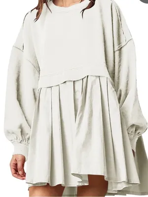 Women Oversized Sweatshirt Dress Patchwork Crewneck Long Sleeve Flowy Pleated thumbnail 1