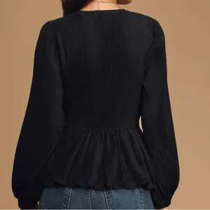 Lulus Sweet Victory Black Pleated Tie Front Long Sleeve Peplum Top XS thumbnail 8