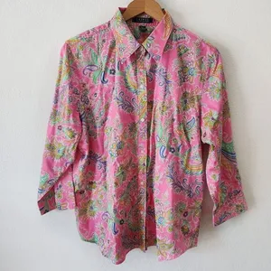 Lauren Ralph Lauren Cotton Pink Paisley Button-Down Blouse Barbie Core XL thumbnail 1