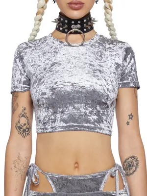 Dolls Kill Club Exx Sassy Solar Silver Crushed Velvet Crop Top Size Large thumbnail 2