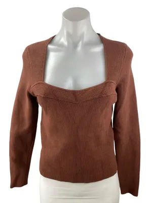Abercrombie & Fitch Brown Long Sleeve Ribbed Knit Square Neck Sweater Top Size L thumbnail 1