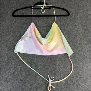 RESA Pastel Rainbow Tie Dye Cowl Neck Halter Top Shimmer Satin XS Made in LA Y2K thumbnail 5