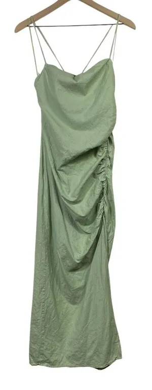 Zara‎ Women Linen Blend L Maxi Dress Ruched Side Slit Bodycon Strappy Sleeveless thumbnail 1