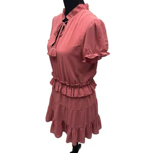 Tularosa Womens Size Small Colleen‎ Mini Dress Ruffled Coral Chiffon Tassel Neck thumbnail 5