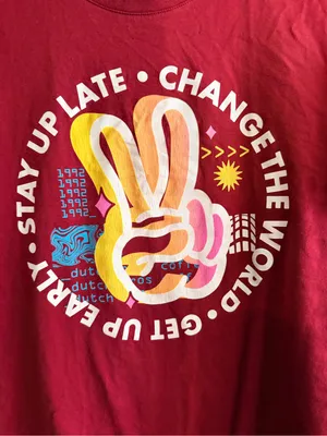 Dutch Bros Burgundy Short Sleeve Tee with Multicolor Peace Hand thumbnail 3